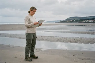 Femme consultant les horaires des marées sur son téléphone au bord de l'estuaire de la Bidassoa à Hendaye, à marée basse