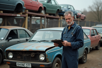 Mécanicien homme en overalls bleus examine un carnet devant une vieille voiture dans une décharge