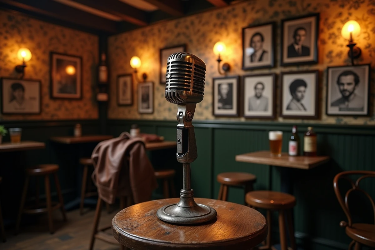 Microphone vintage sur scène dans un pub anglais historique, évoquant l'atmosphère des chanteurs oubliés des années 70