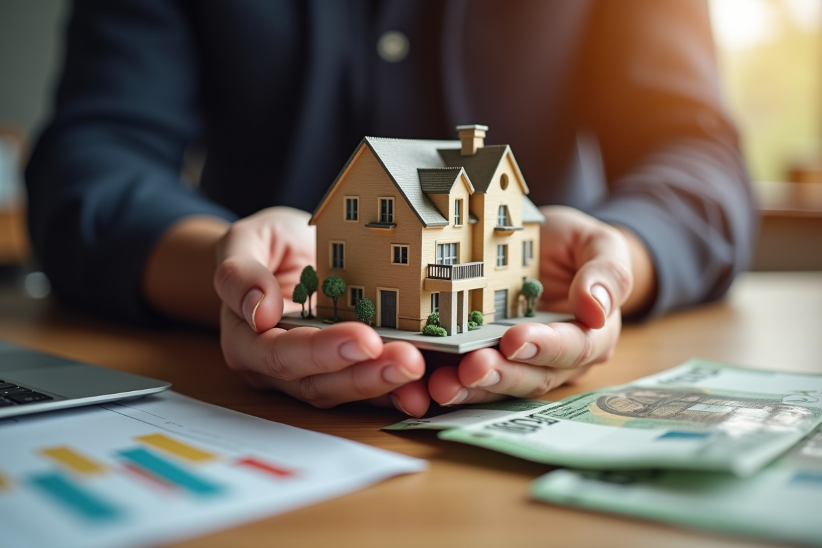 Mains tenant modele immobilier et billets d