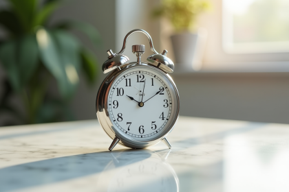 Montre classique en argent sur marbre blanc avec seconde en mouvement