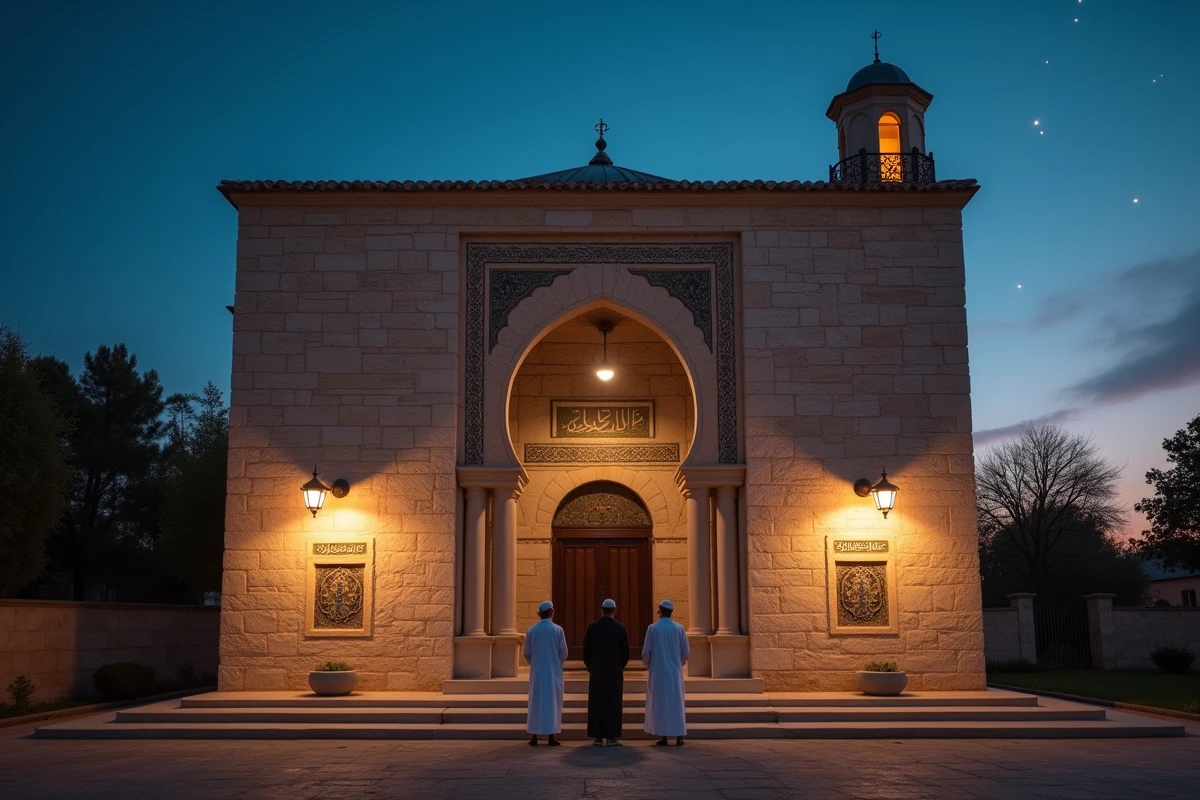 Façade d'une mosquée de Toulouse au coucher du soleil durant le ramadan avec des fidèles attendant la prière du Maghrib