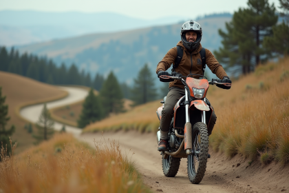Jeune homme en équipement moto sur une dirt trail