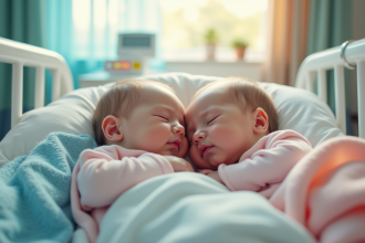 Nourrissons jumeaux conjoints reposant dans un lit d'hôpital