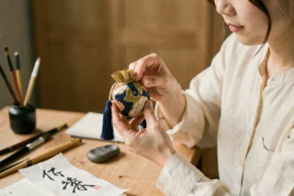 Femme tenant un omamori japonais personnalisé brodé sur un bureau artisanal en bois avec accessoires de calligraphie