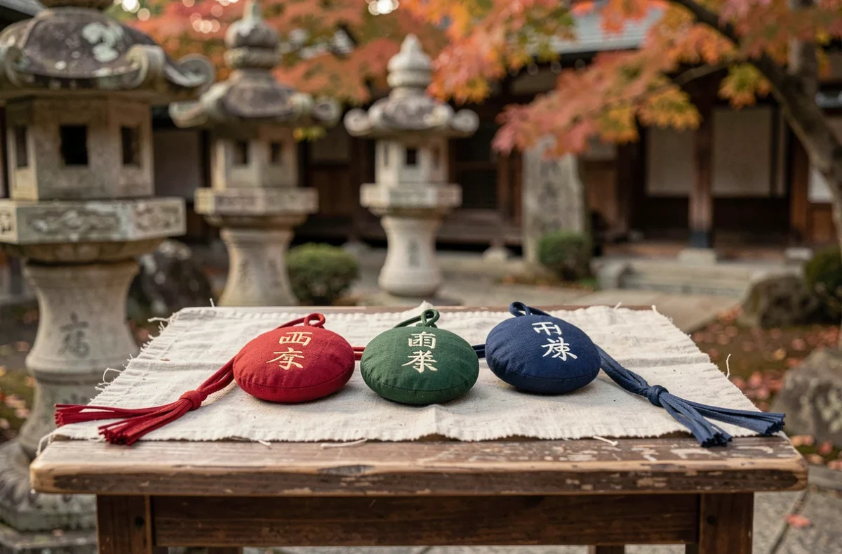 Trois omamori japonais artisanaux colorés disposés sur une table en bois devant des lanternes de sanctuaire en automne