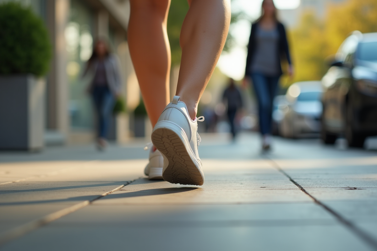 Gros plan sur des sneakers en marche sur un trottoir urbain