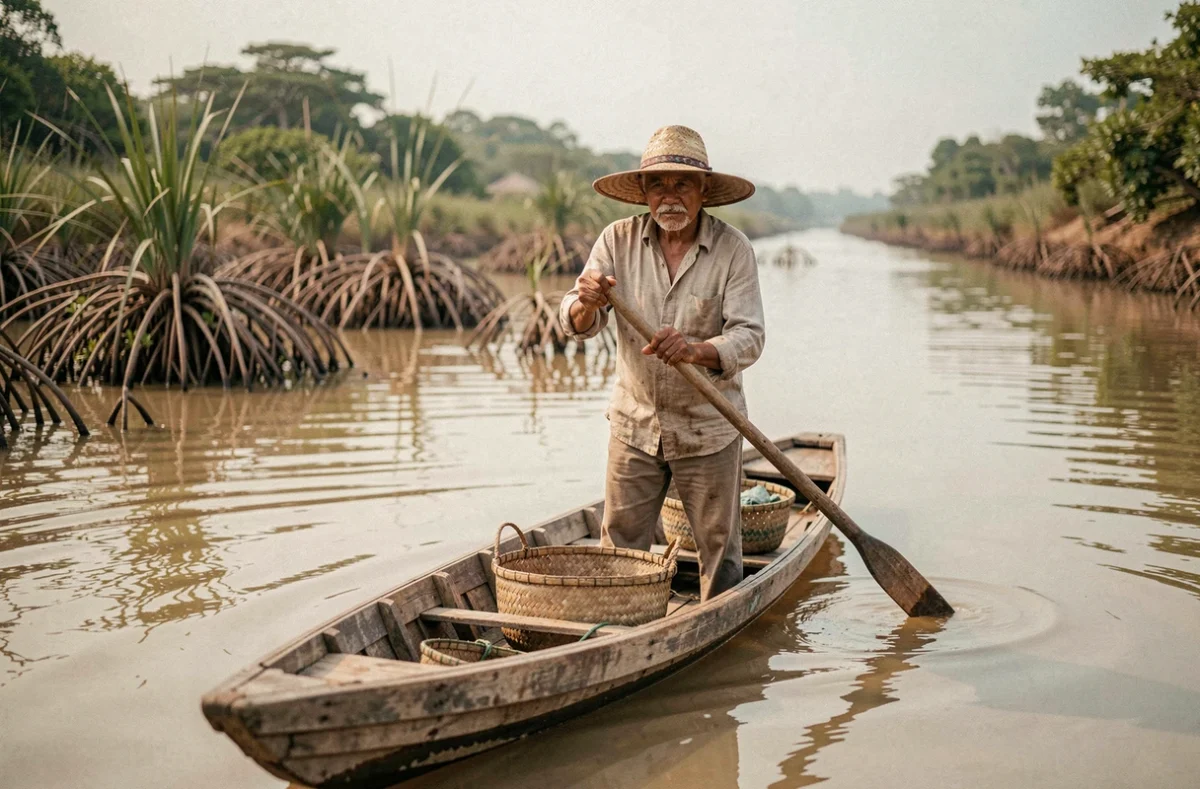 Pêcheur local en pirogue sur un grand fleuve équatorial, naviguant avec une perche en bois sur des eaux calmes et boueuses
