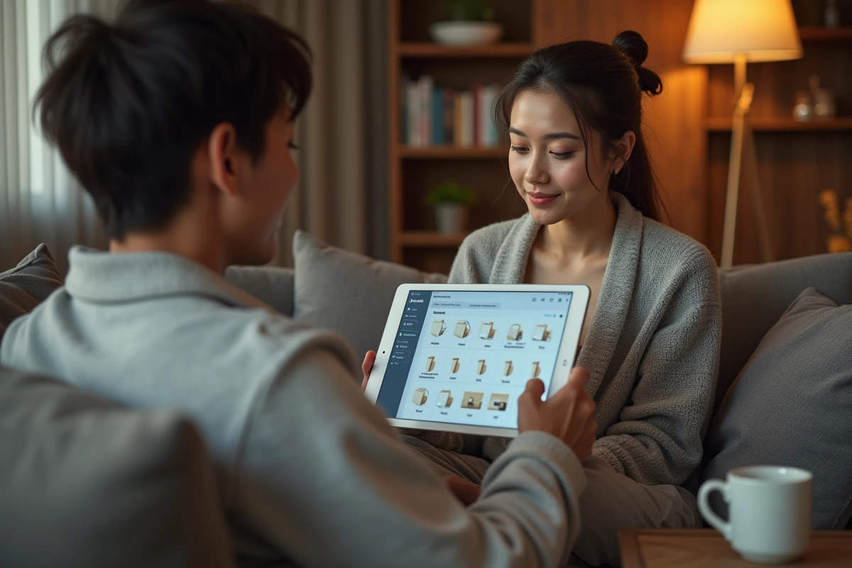 Personne organisant des fichiers de mods sur une tablette dans un salon confortable