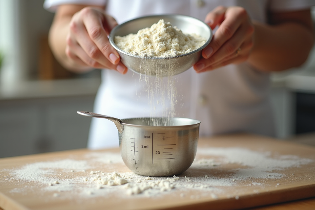 Mains versant de la farine dans un verre mesureur en cuisine