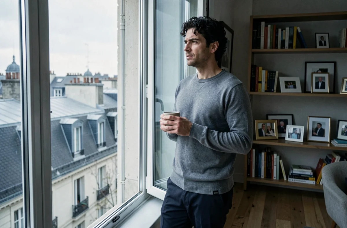 Personnalité masculine contemplative près d'une fenêtre parisienne, illustrant la frontière entre vie publique et intimité personnelle
