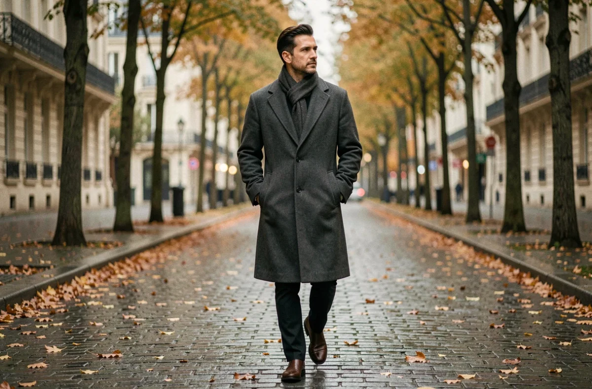 Homme en manteau marchant seul dans une avenue parisienne en automne, symbolisant la discrétion et la vie privée d'une figure médiatique
