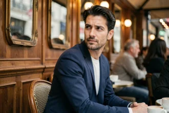 Homme élégant et pensif attablé dans un café parisien, évoquant la vie privée d'une personnalité publique sous les projecteurs