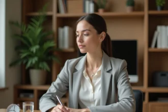 Femme consultant un agenda pour planifier ses prises de médicaments matin ou après-midi à son bureau à domicile