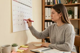 Femme planifiant ses congés et vacances sur un calendrier 2026 imprimé, avec des annotations en rouge pour les semaines paires et impaires
