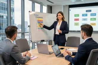 Responsable qualité présentant une checklist de préparation à l'audit IRIS02 à son équipe dans une salle de réunion moderne