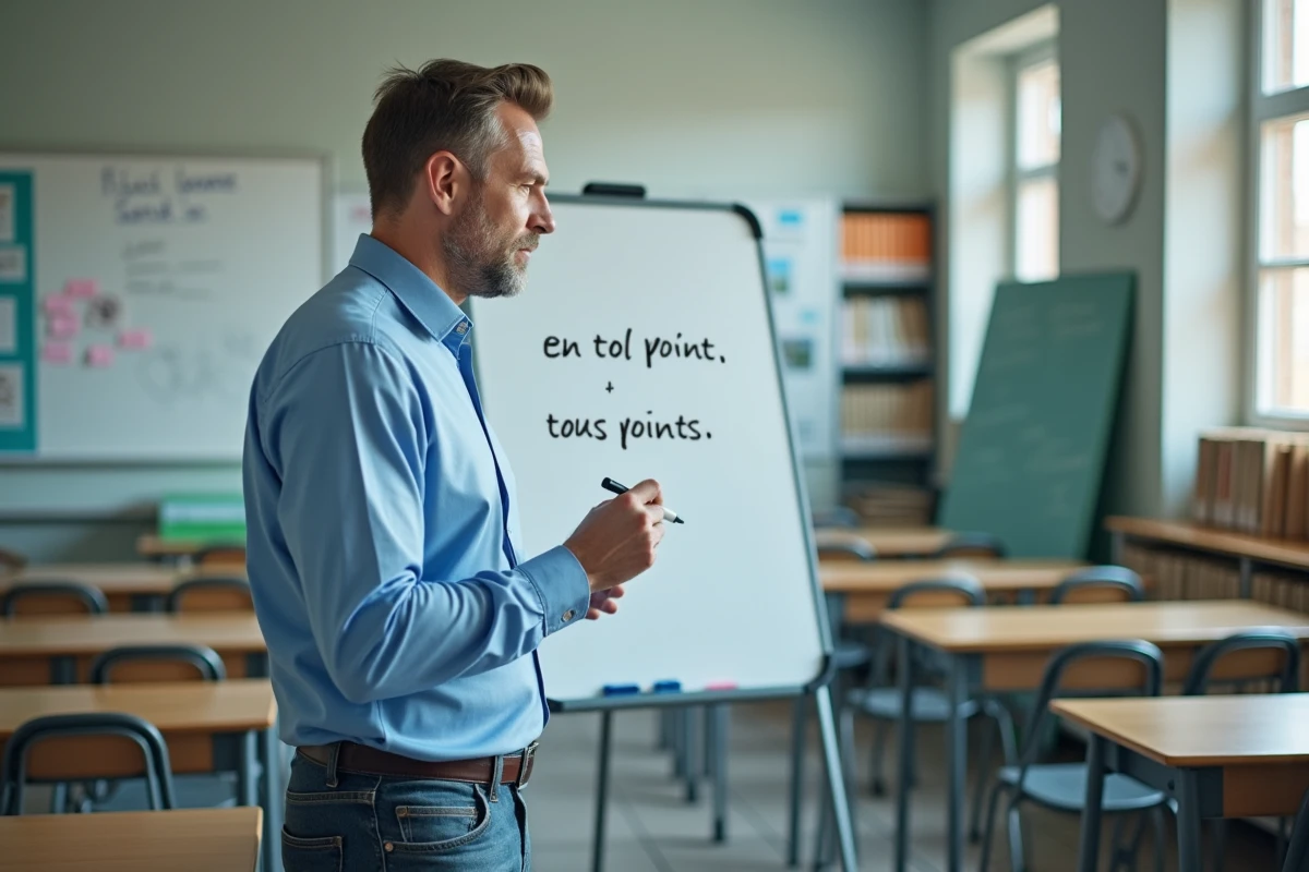 Professeur expliquant en classe avec tableau blanc
