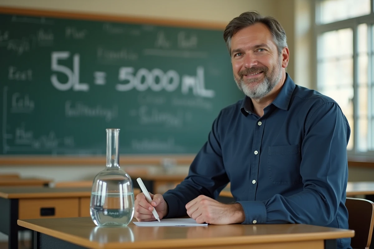 Professeur de sciences écrivant la formule de conversion 5 litres en millilitres au tableau dans une salle de classe