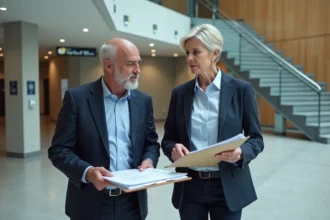 Homme et femme d affaires examinant des plans dans un hall moderne