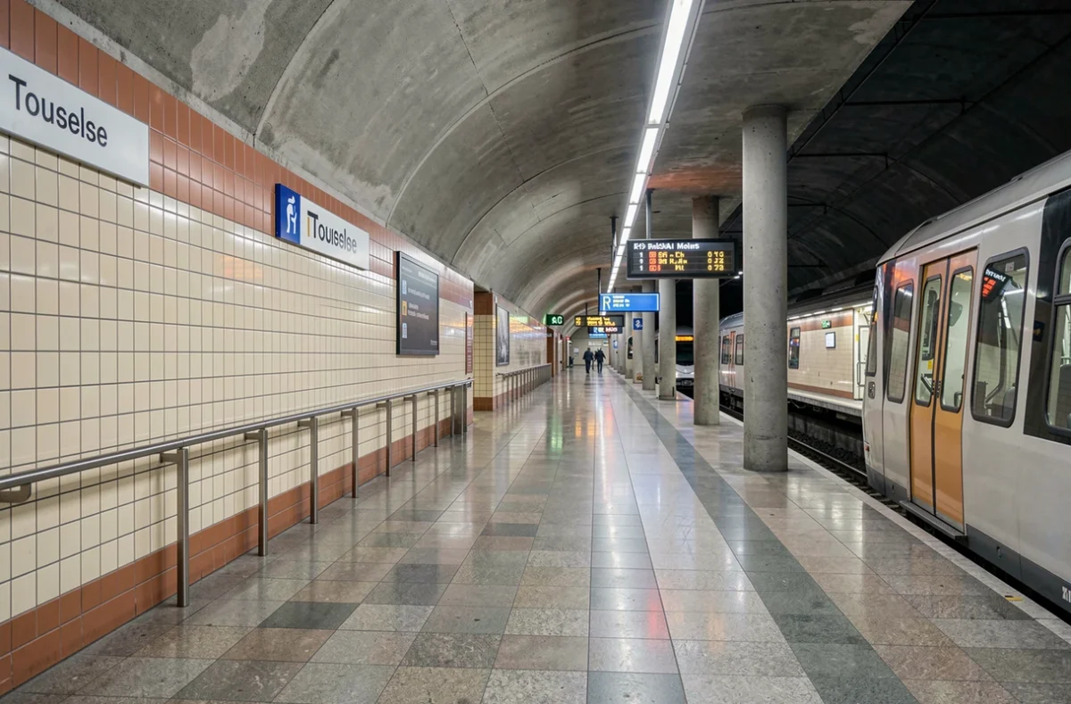 Quai de station de métro à Toulouse avec train en approche et affichage de la ligne sur les panneaux numériques