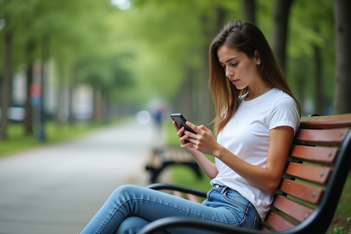 Jeune femme dans un parc recherchant un numéro de téléphone inconnu sur internet depuis son smartphone