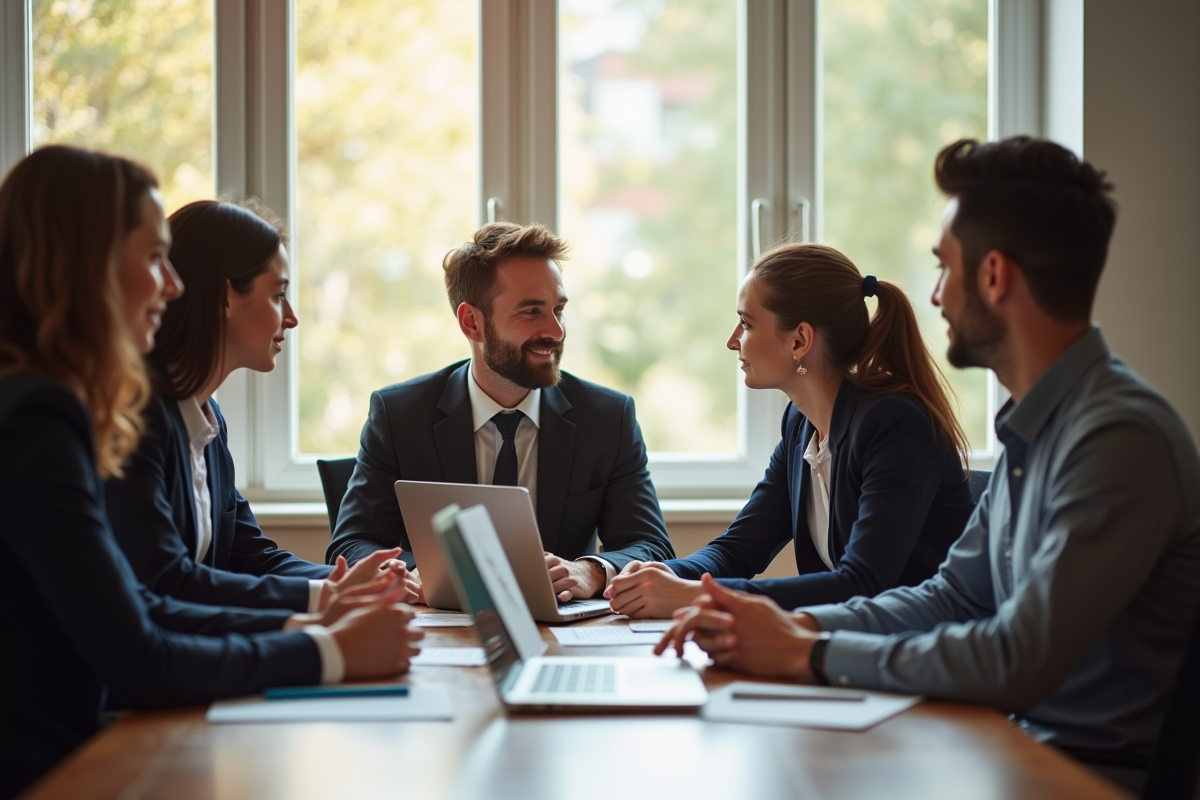 Groupe de jeunes diplômés en discussion avec un recruteur dans une salle lumineuse