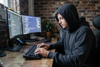 Jeune homme en sweat à capuche sombre utilisant Discord sur plusieurs écrans dans un bureau à domicile discret