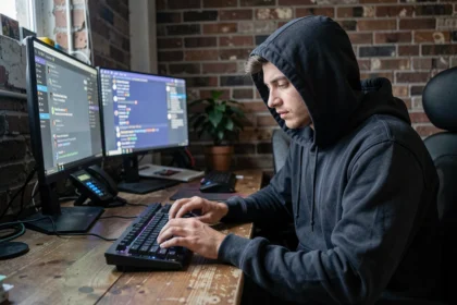 Jeune homme en sweat à capuche sombre utilisant Discord sur plusieurs écrans dans un bureau à domicile discret