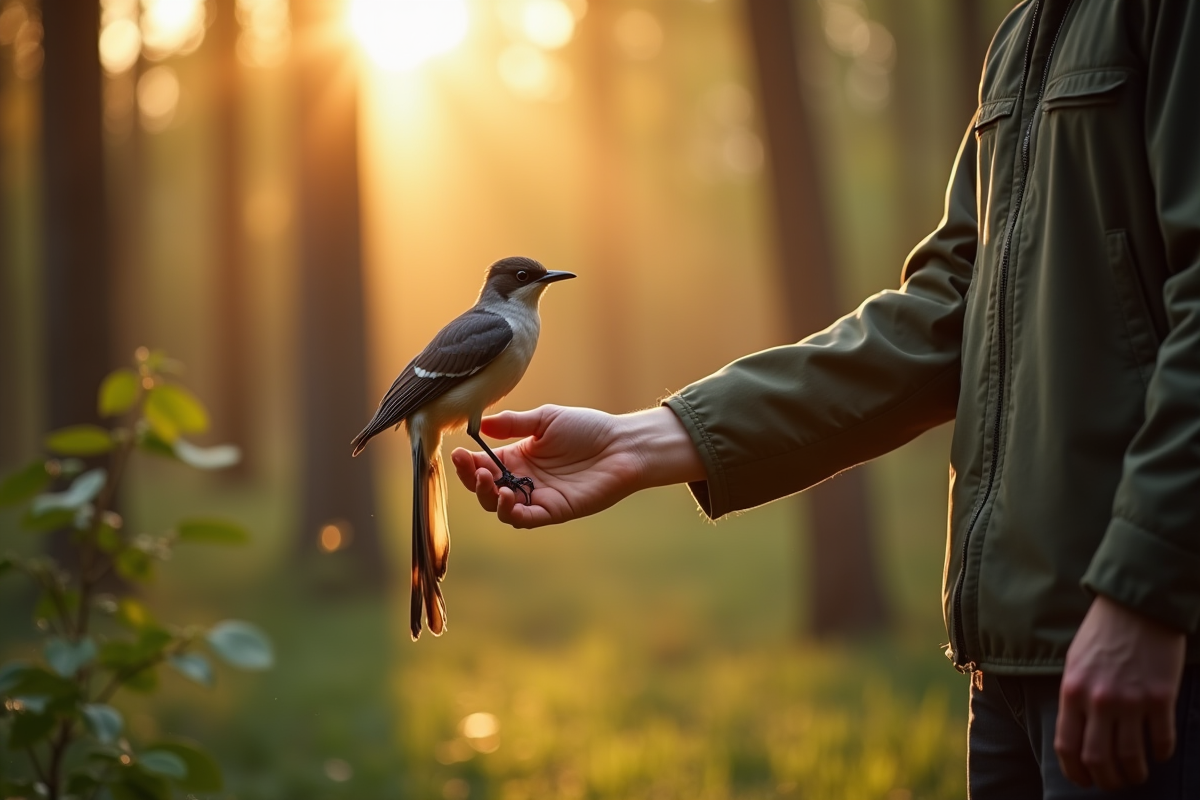 Réhabilitateur relâchant un oiseau rare dans une forêt ensoleillée