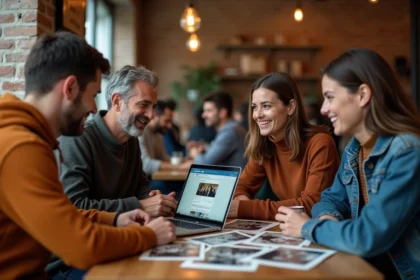 Groupe d'amis d'enfance réunis dans un café autour d'anciennes photos et d'un ordinateur portable pour retrouver des copains via un réseau social