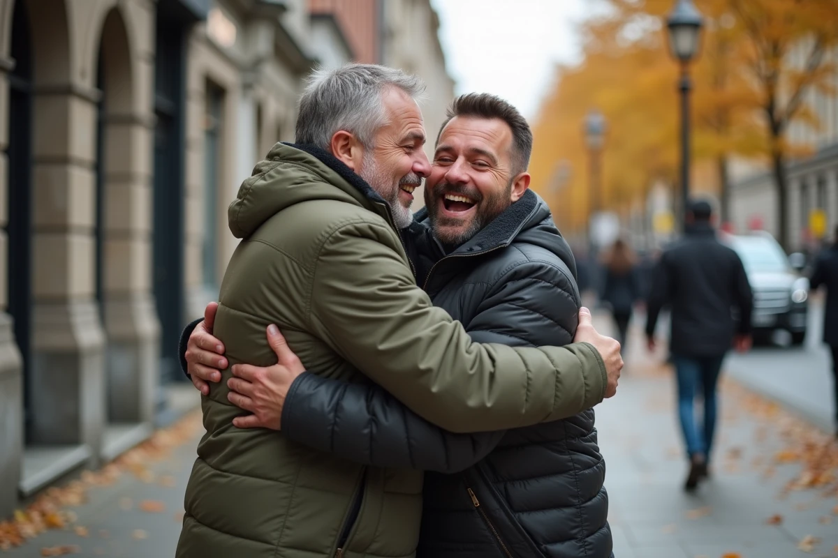 Deux hommes d'âge mûr se retrouvant par surprise dans la rue après s'être retrouvés grâce à un site de recherche de copains d'avant
