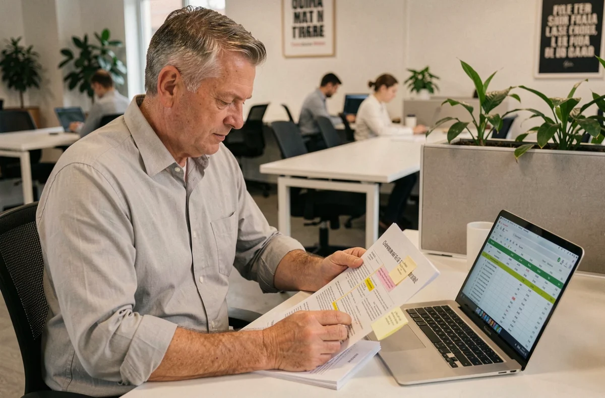 Responsable conformité révisant un dossier d'audit IRIS02 annoté à son bureau dans un open space professionnel
