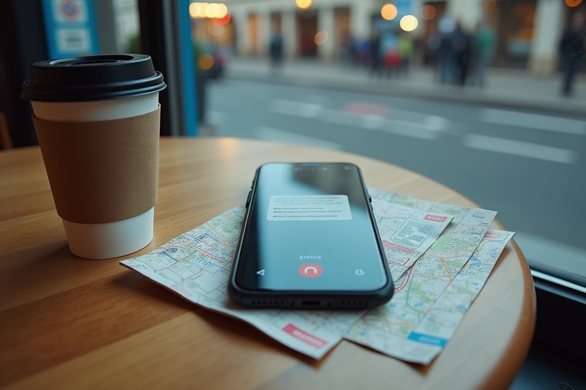 Smartphone affichant une alerte de perturbation RATP posé sur une table de café près d'un arrêt de bus parisien