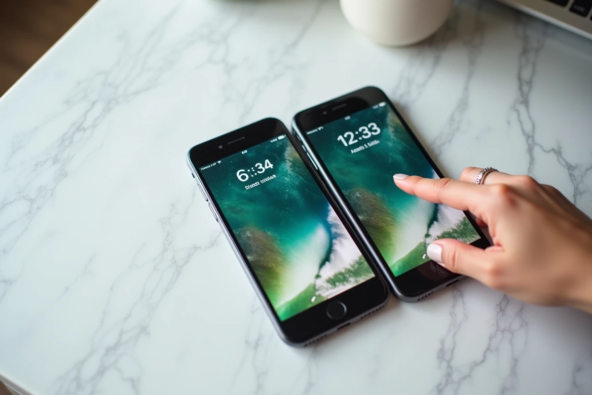 Deux smartphones affichant l'indicatif 34 posés sur un comptoir en marbre avec une main configurant les paramètres