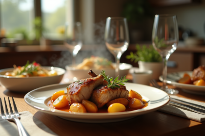 Table rustique avec plat de lapin en sauce cidre