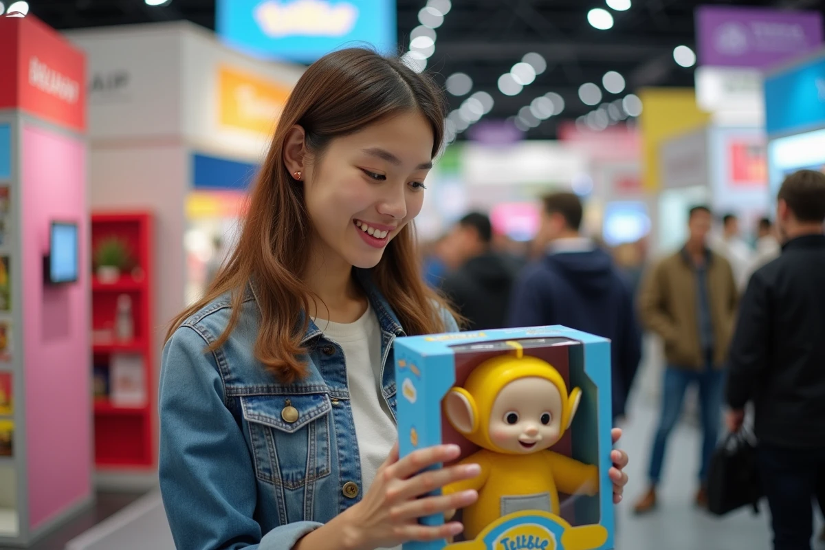Jeune femme adulte examinant une figurine Télétubbies en boîte lors d'une foire aux jouets colorée