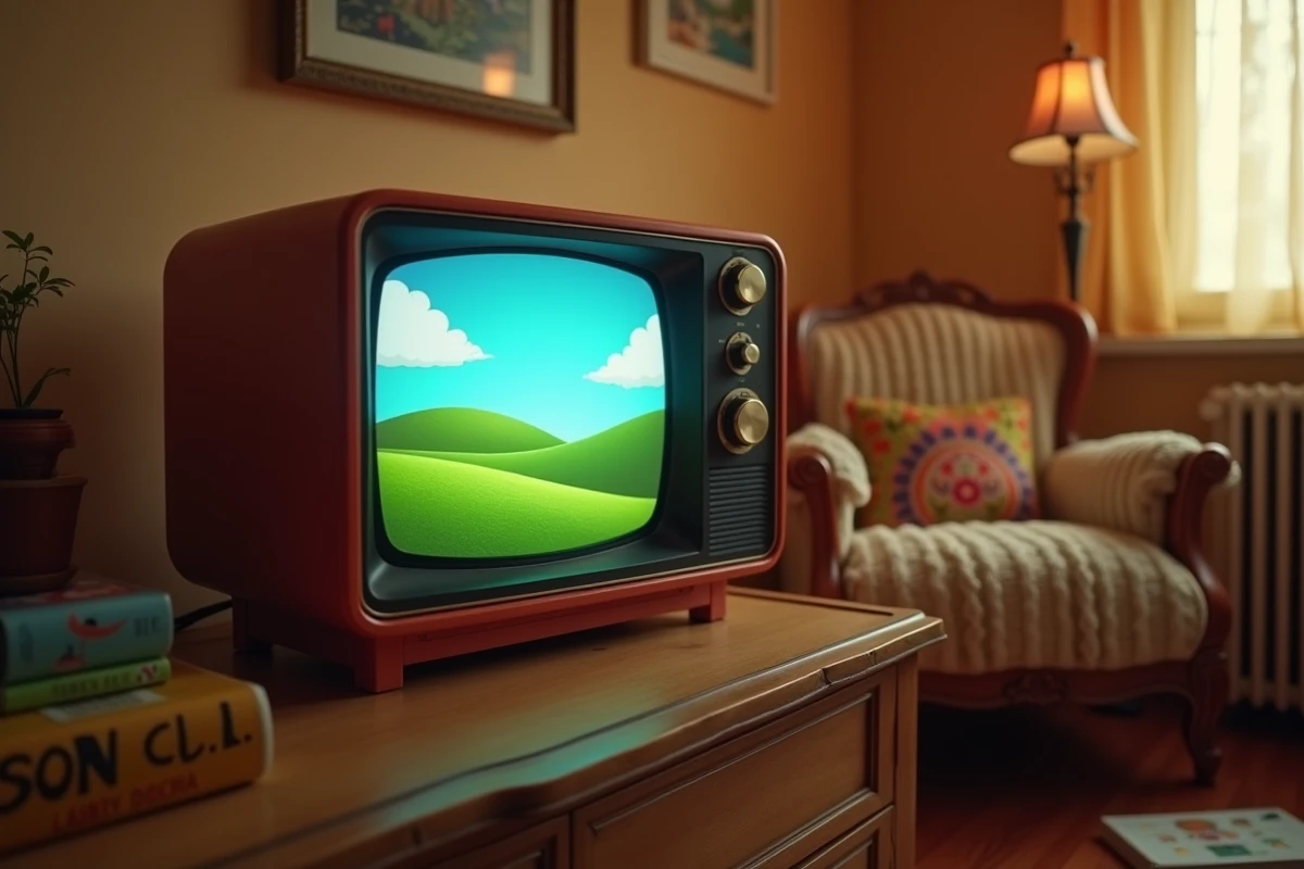 Vieille télévision CRT affichant un paysage de collines vertes rappelant l'univers des Télétubbies dans un salon vintage