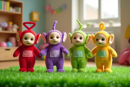 Quatre peluches Télétubbies alignées sur de l'herbe artificielle verte dans une salle de jeux colorée