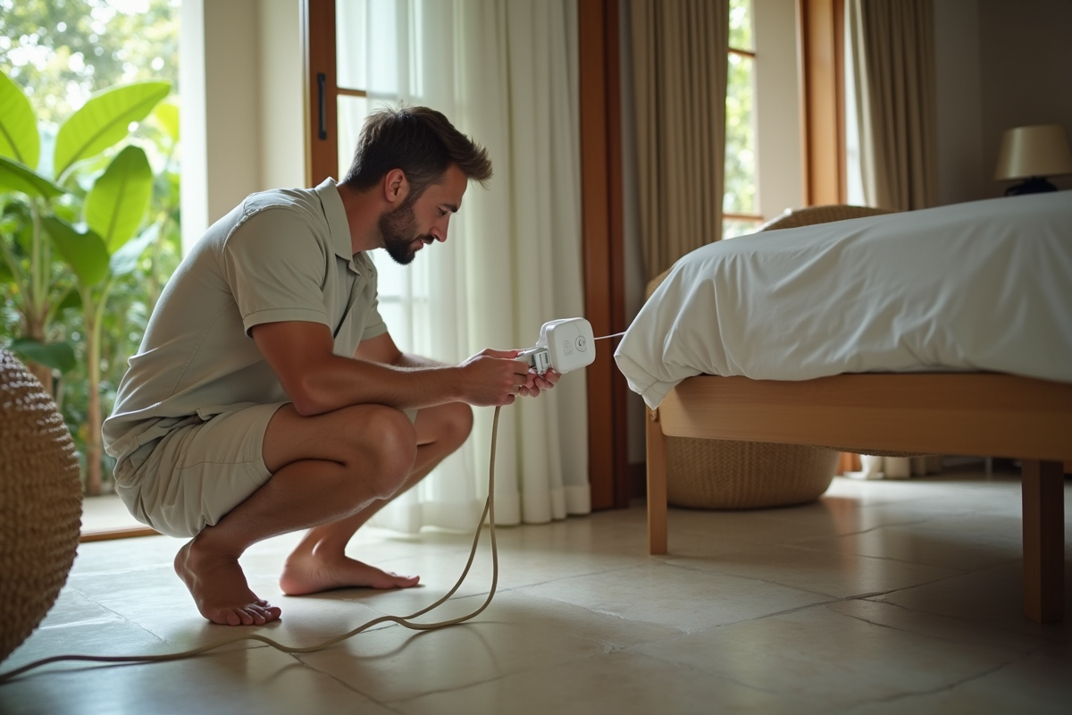 Touriste branchant un adaptateur dans une chambre balinaise