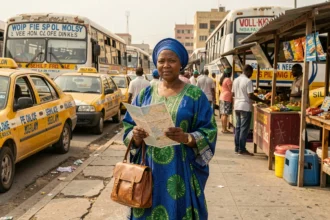 Femme sénégalaise avec carte de transport à la gare routière de Dakar, taxis sept-places et minibus colorés en arrière-plan