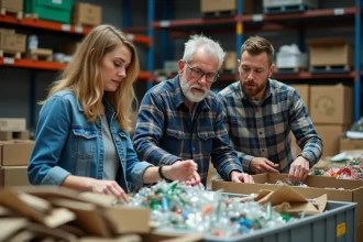 Groupe de trois adultes triant des recyclables en intérieur