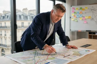 Urbaniste étudiant le nouveau plan du métro de Toulouse avec la future ligne C sur une grande carte imprimée