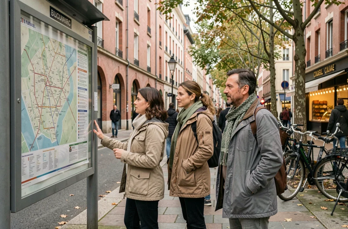 Usagers consultant le plan du réseau de métro de Toulouse affiché à l'entrée d'une station en ville