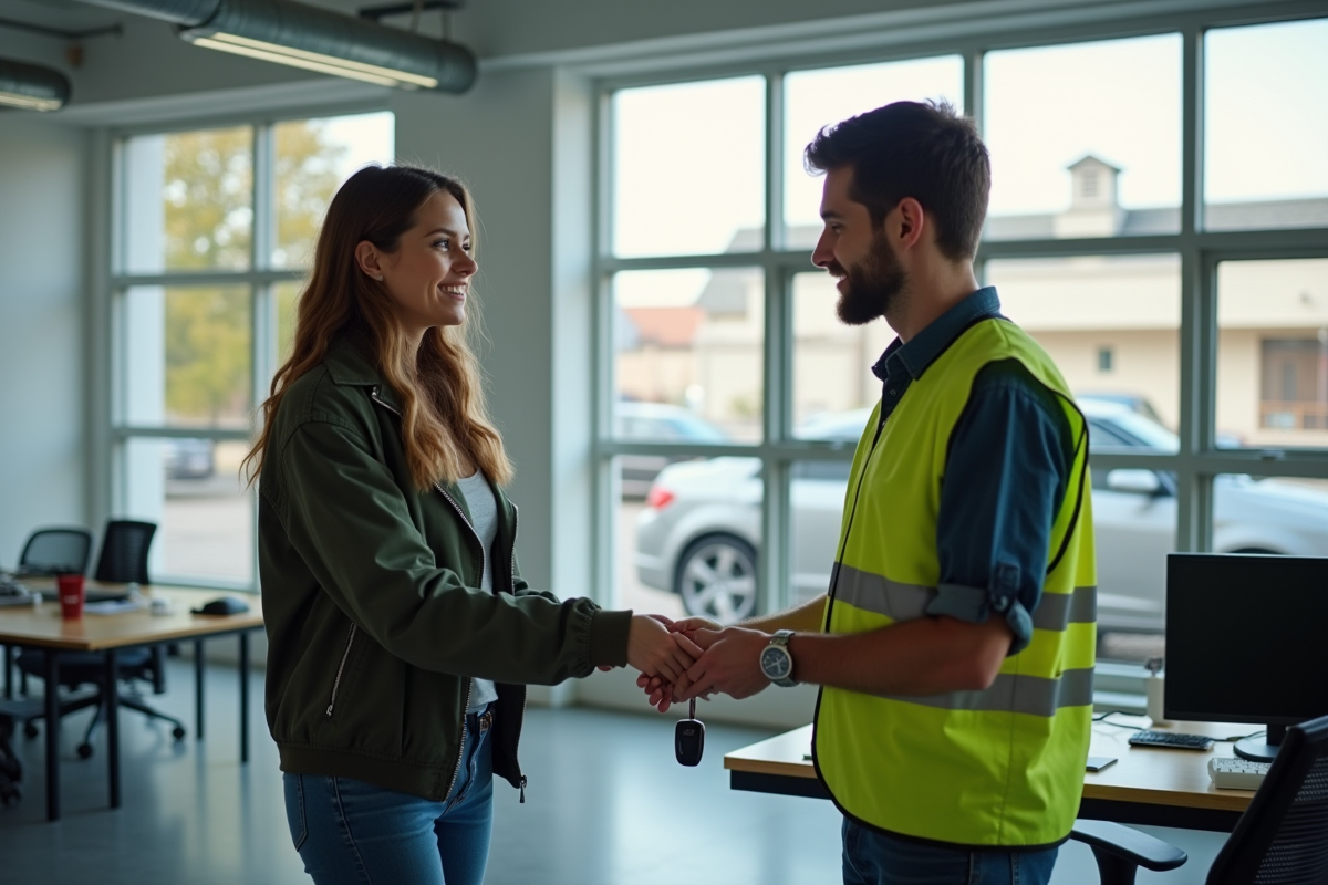 Jeune femme remet des clés à un acheteur dans un bureau de vente de voitures