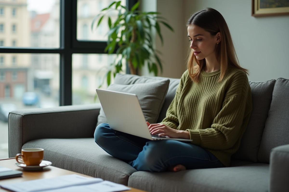 Jeune femme vérifiant la fiabilité et les avis du site Hacoo SaraMart sur son ordinateur portable