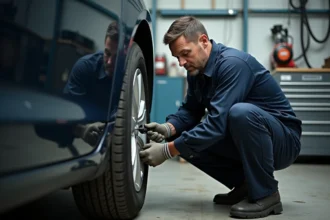 Mécanicien vérifiant la pression d'un pneu avec un manomètre numérique dans un garage automobile professionnel