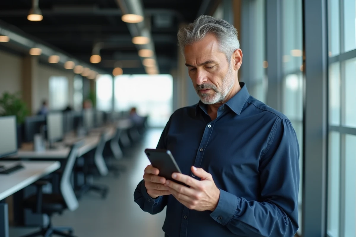 Homme en bureau vérifiant un numéro de téléphone inconnu sur son smartphone