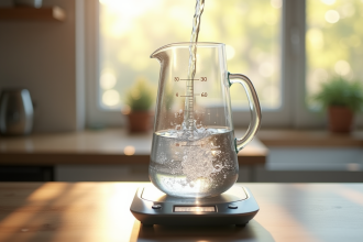 Verre mesureur avec eau sur plan de cuisine en lumière naturelle