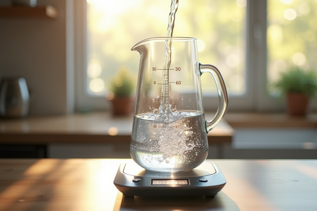 Verre mesureur avec eau sur plan de cuisine en lumière naturelle