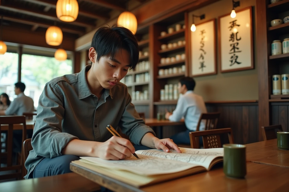 Homme japonais résolvant des mots croisés dans une izakaya d'Osaka, thème ville du Japon 5 lettres